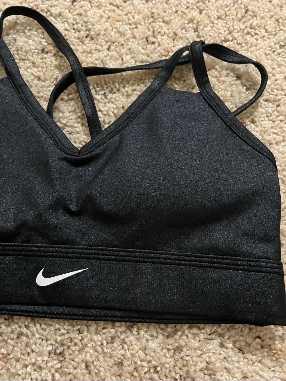 Nike Black Strappy V‑Neck Sports Bra with White Swoosh